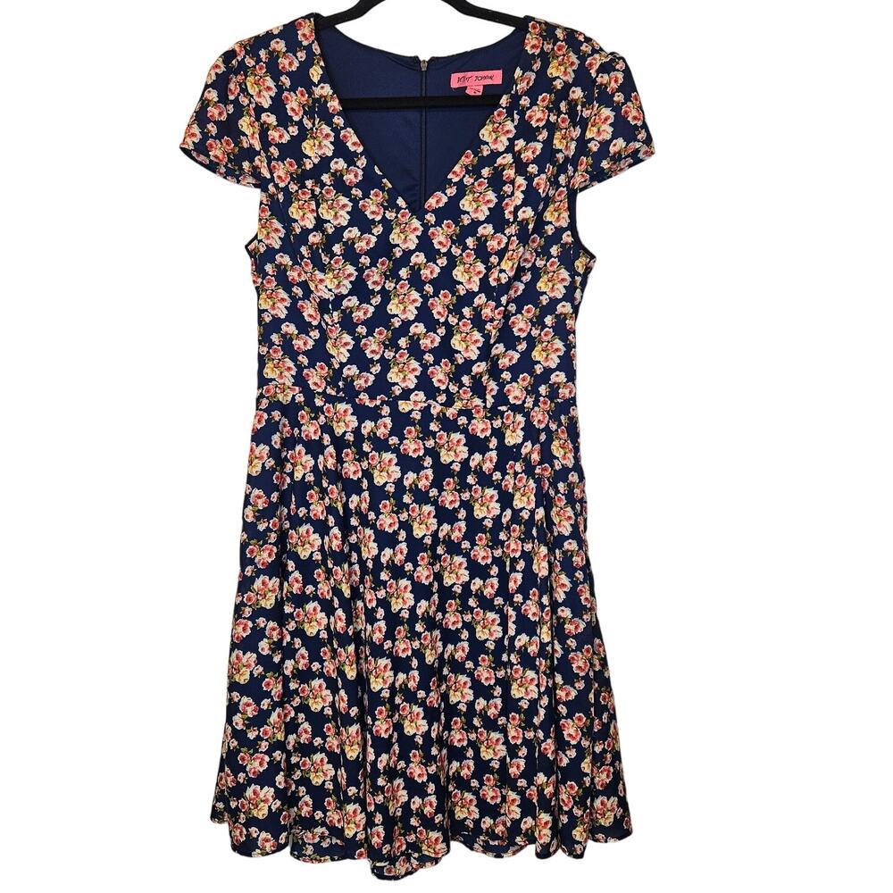 Betsey Johnson Blue Pink floral v-neck A-line dress sz 10